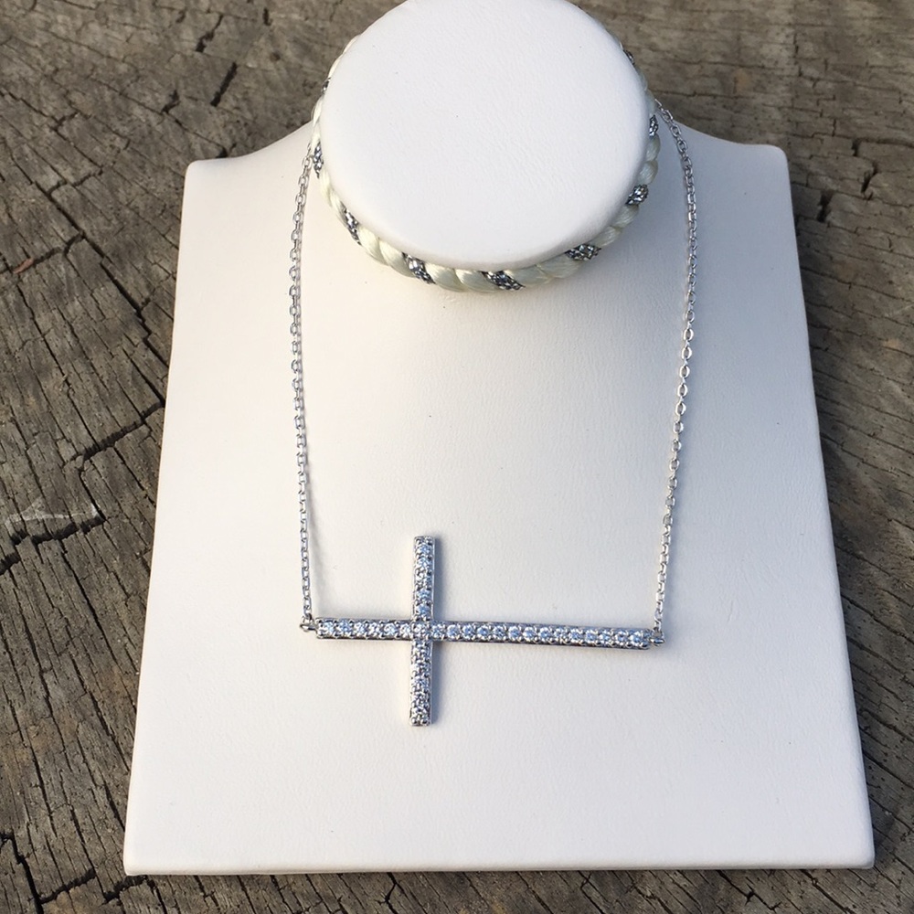 Sterling Silver Sideways Cross CZ Necklace